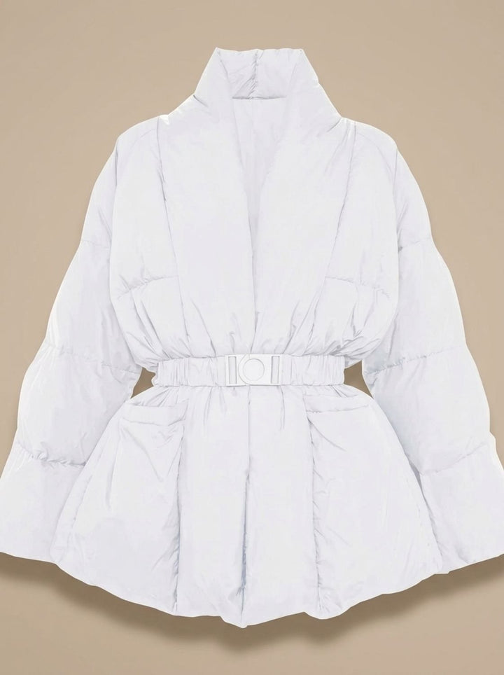 Damen Oversized Daunenjacke mit Gürtel Stehkragen Puffer Coat - Weiß