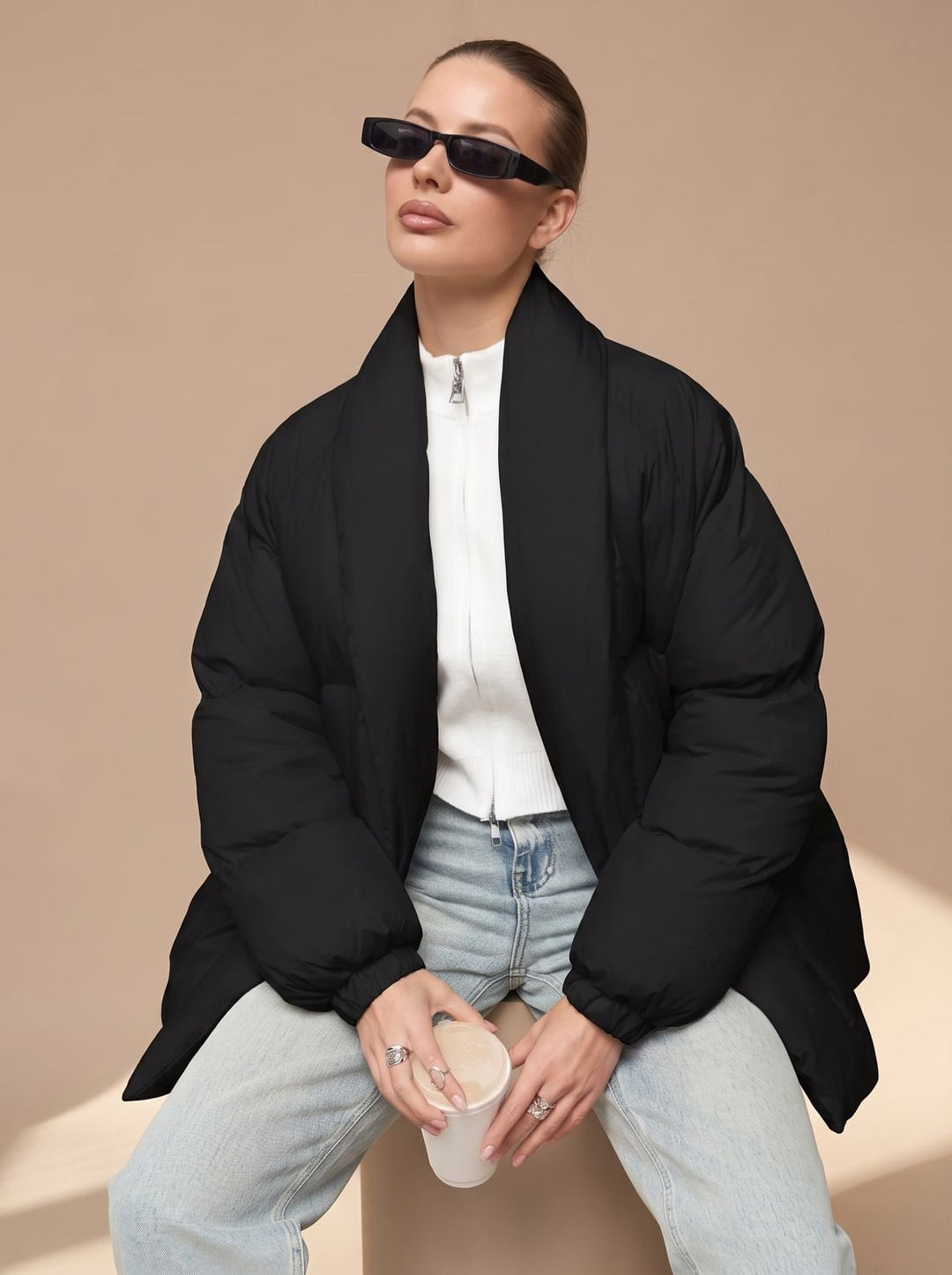 Damen Oversized Daunenjacke mit Gürtel Stehkragen Puffer Coat