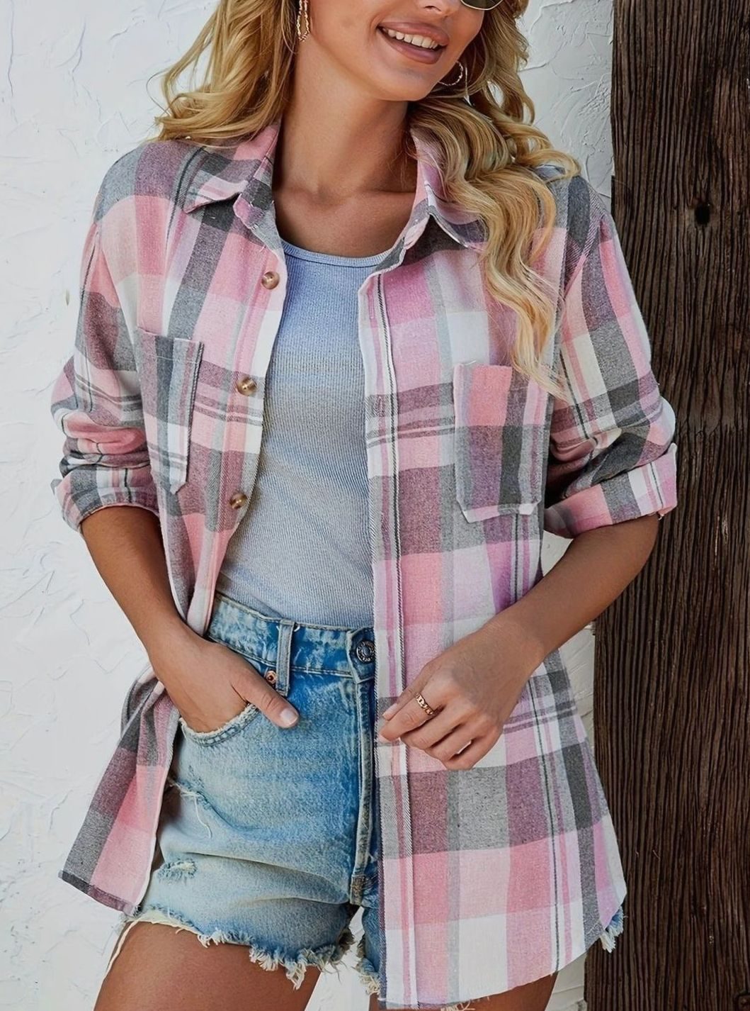 Damen Oversized Flanell-Karohemd mit Knopfleiste und Brusttaschen