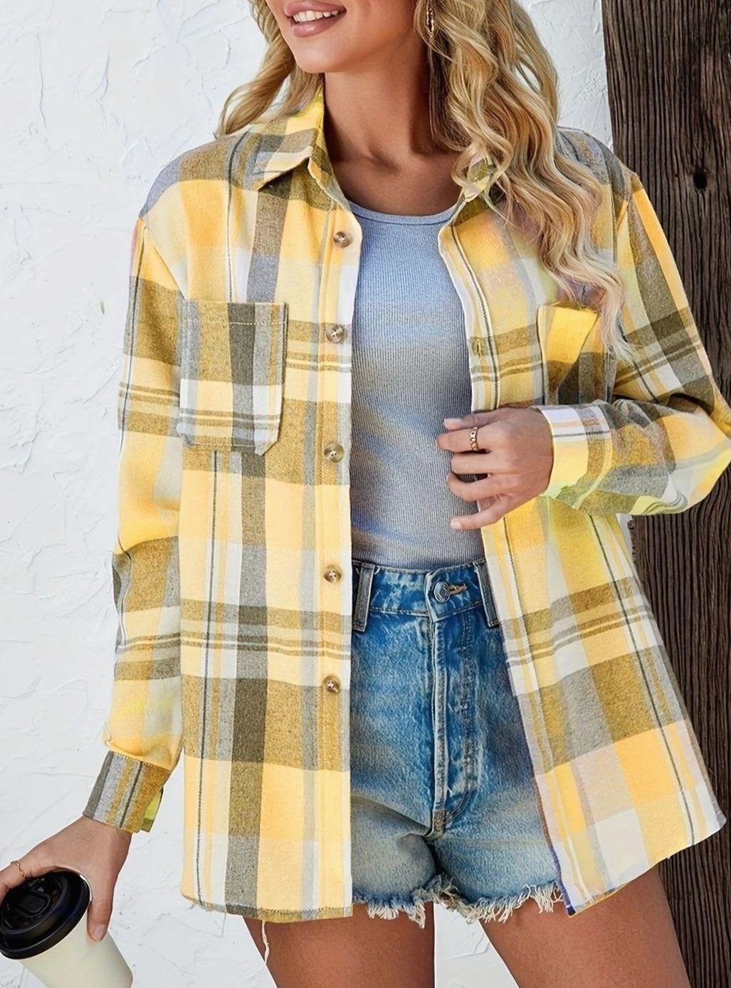 Damen Oversized Flanell-Karohemd mit Knopfleiste und Brusttaschen
