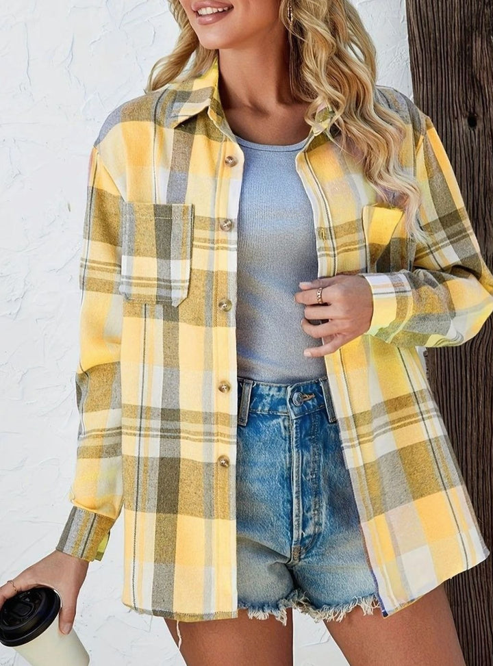 Damen Oversized Flanell-Karohemd mit Knopfleiste und Brusttaschen