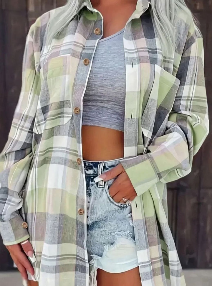Damen Oversized Flanell-Karohemd mit Knopfleiste und Brusttaschen - Grün