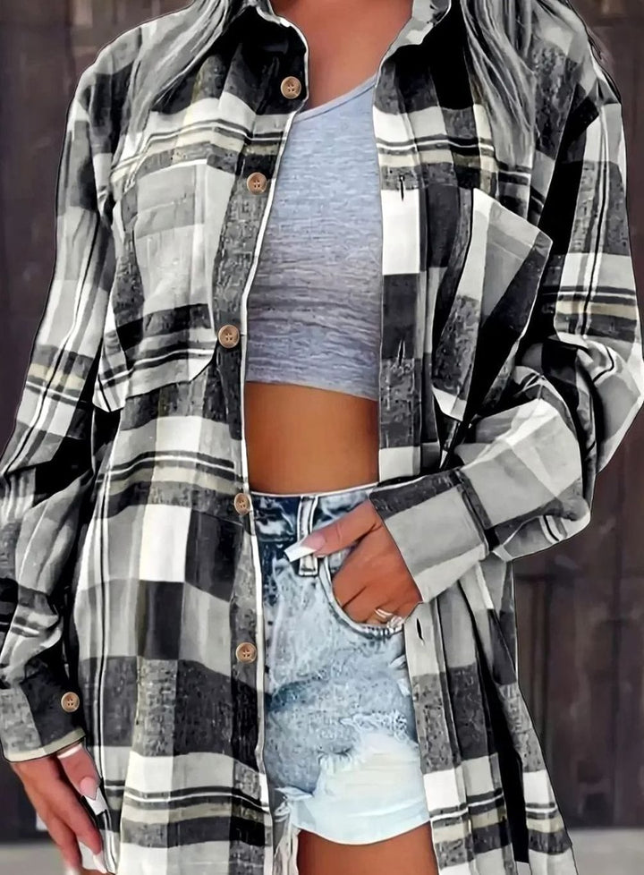 Damen Oversized Flanell-Karohemd mit Knopfleiste und Brusttaschen - Schwarz