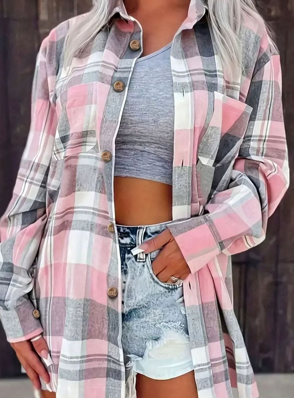Damen Oversized Flanell-Karohemd mit Knopfleiste und Brusttaschen - Rosa