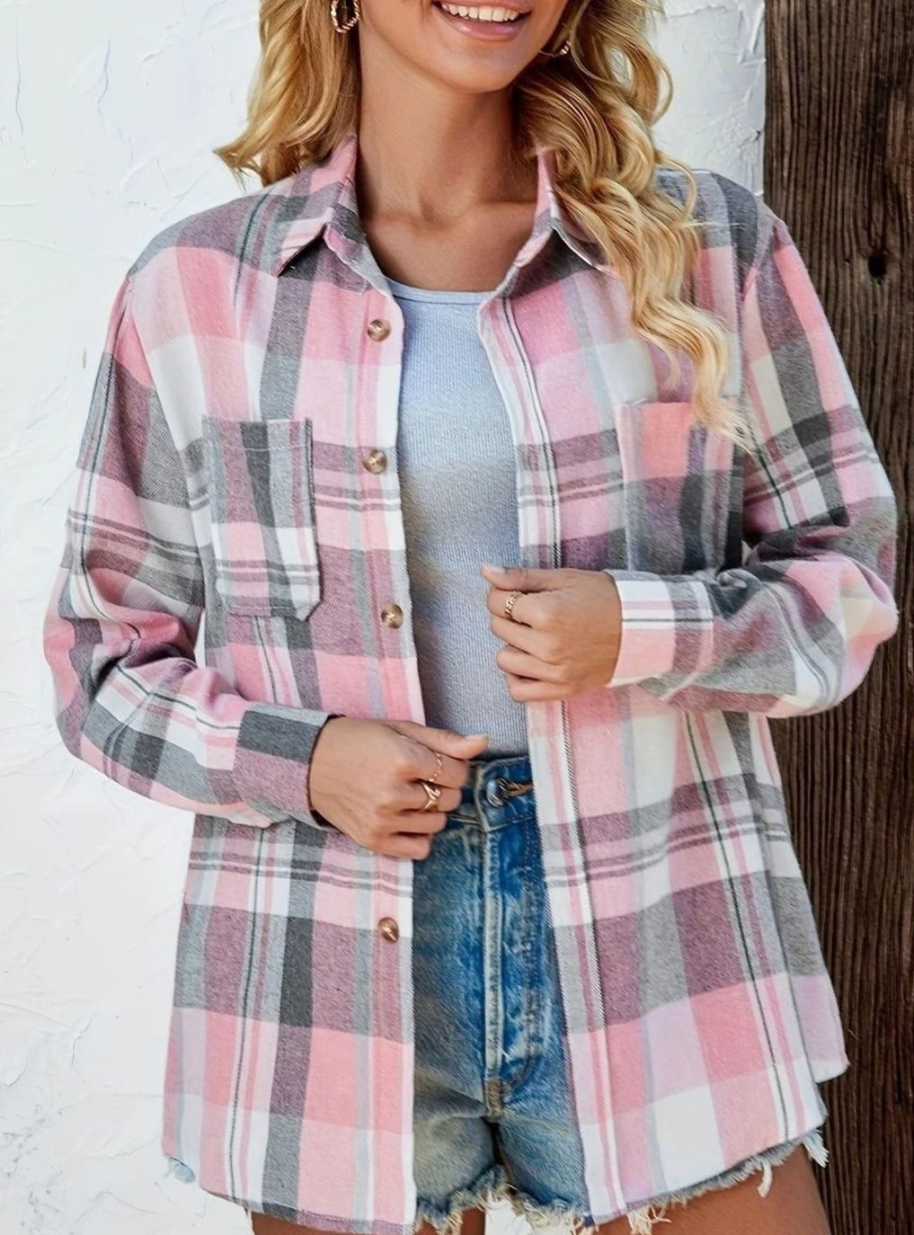 Damen Oversized Flanell-Karohemd mit Knopfleiste und Brusttaschen