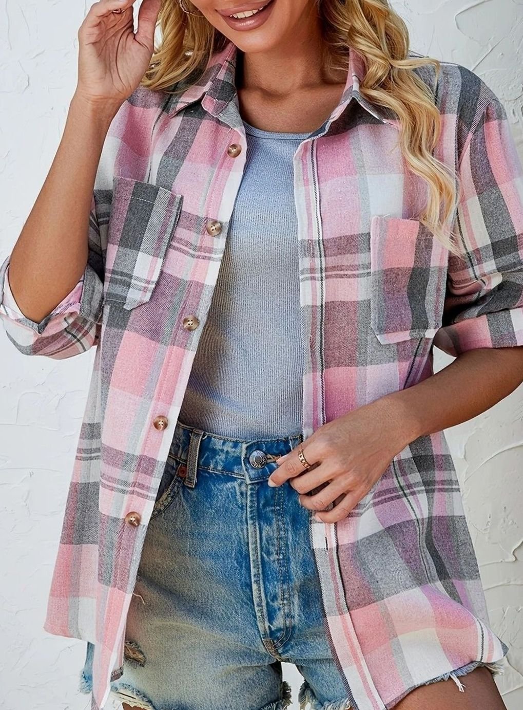 Damen Oversized Flanell-Karohemd mit Knopfleiste und Brusttaschen