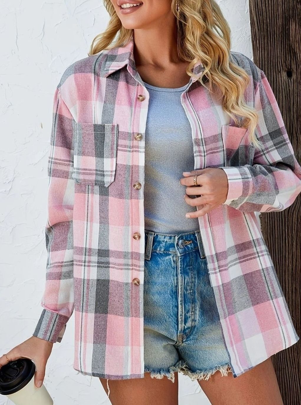 Damen Oversized Flanell-Karohemd mit Knopfleiste und Brusttaschen
