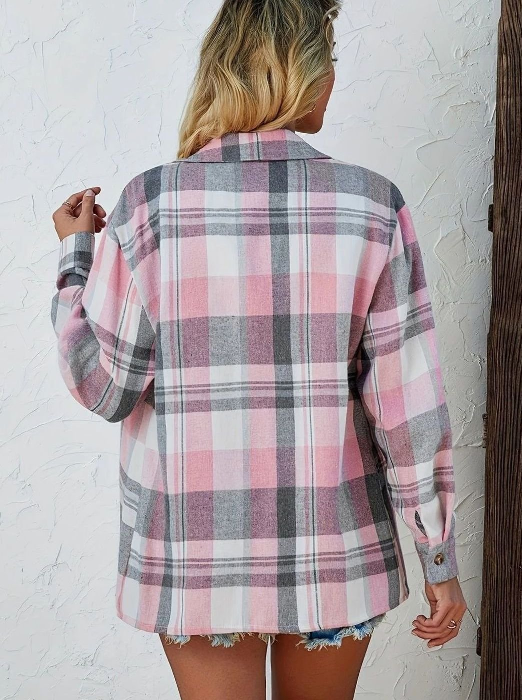 Damen Oversized Flanell-Karohemd mit Knopfleiste und Brusttaschen