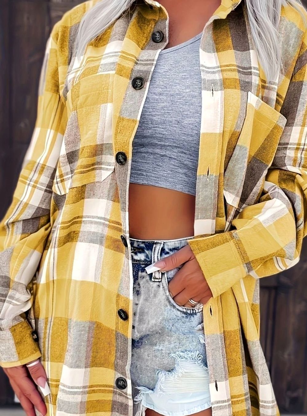 Damen Oversized Flanell-Karohemd mit Knopfleiste und Brusttaschen - Gelb