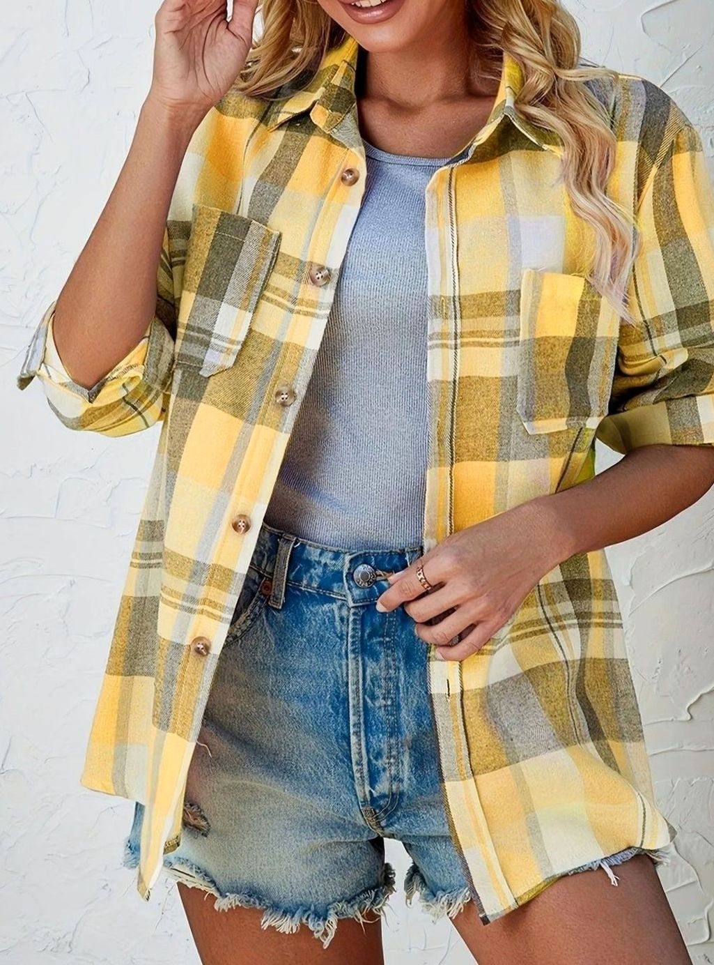 Damen Oversized Flanell-Karohemd mit Knopfleiste und Brusttaschen
