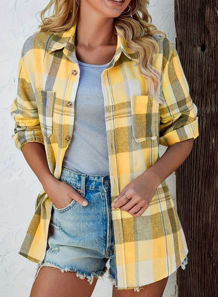 Damen Oversized Flanell-Karohemd mit Knopfleiste und Brusttaschen