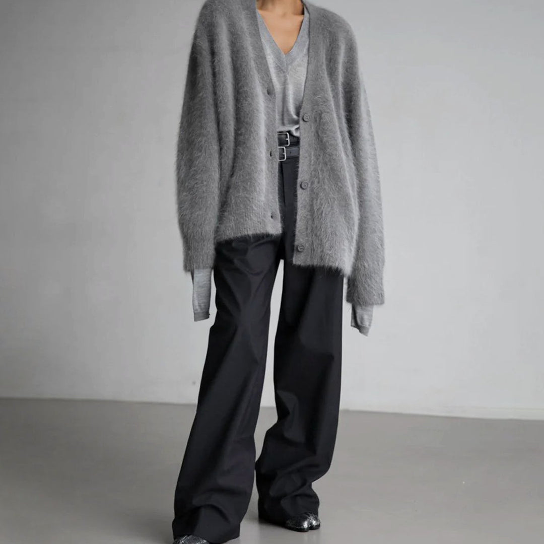 Damen Oversized Flauschige V-Ausschnitt Strickjacke mit Knopfleiste