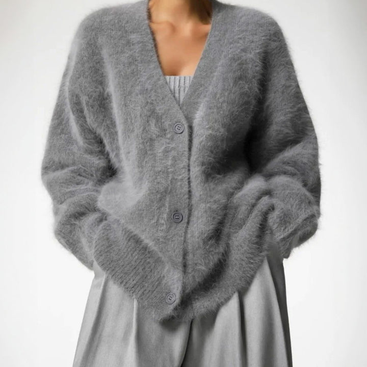 Damen Oversized Flauschige V-Ausschnitt Strickjacke mit Knopfleiste