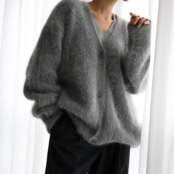 Damen Oversized Flauschige V-Ausschnitt Strickjacke mit Knopfleiste
