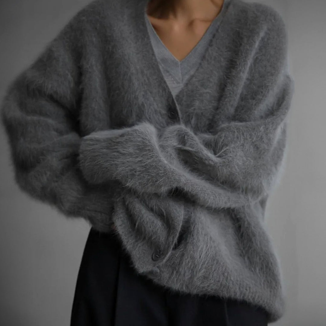 Damen Oversized Flauschige V-Ausschnitt Strickjacke mit Knopfleiste - Dunkelgrau