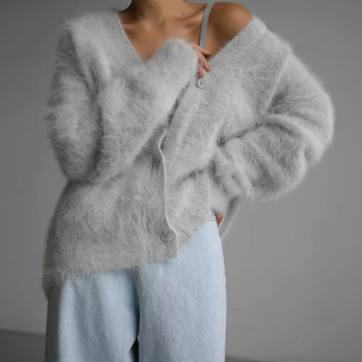 Damen Oversized Flauschige V-Ausschnitt Strickjacke mit Knopfleiste - Grau
