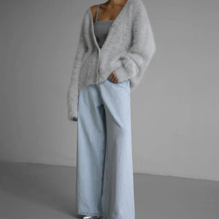Damen Oversized Flauschige V-Ausschnitt Strickjacke mit Knopfleiste