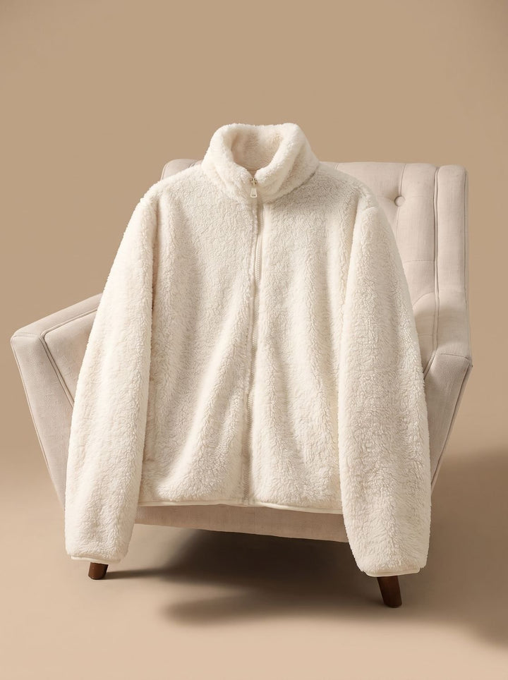 Damen Oversized Fleece-Jacke mit Stehkragen und Reißverschluss