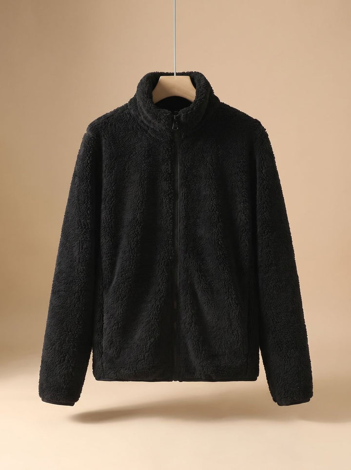 Damen Oversized Fleece-Jacke mit Stehkragen und Reißverschluss - Schwarz