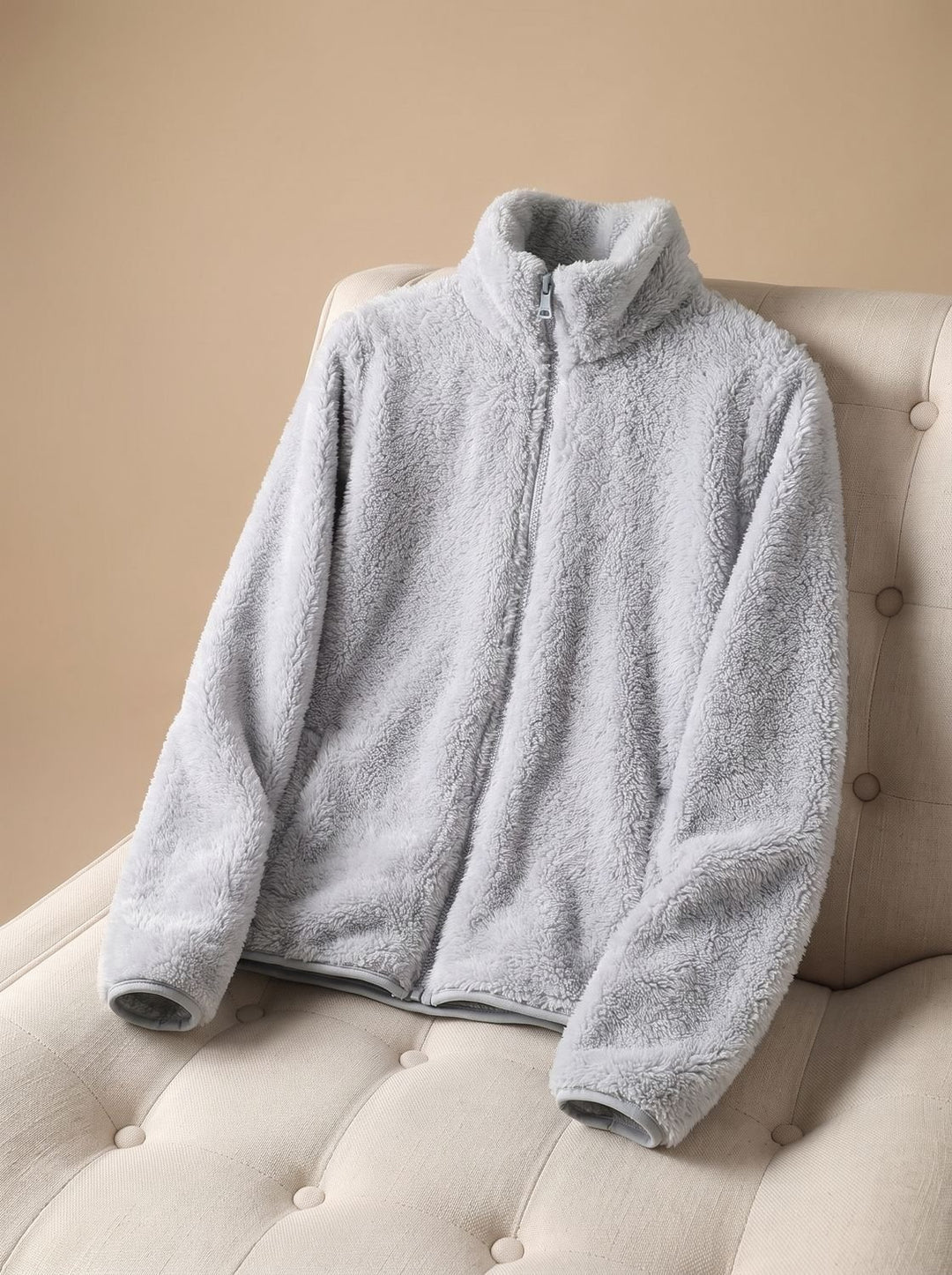 Damen Oversized Fleece-Jacke mit Stehkragen und Reißverschluss - Grau