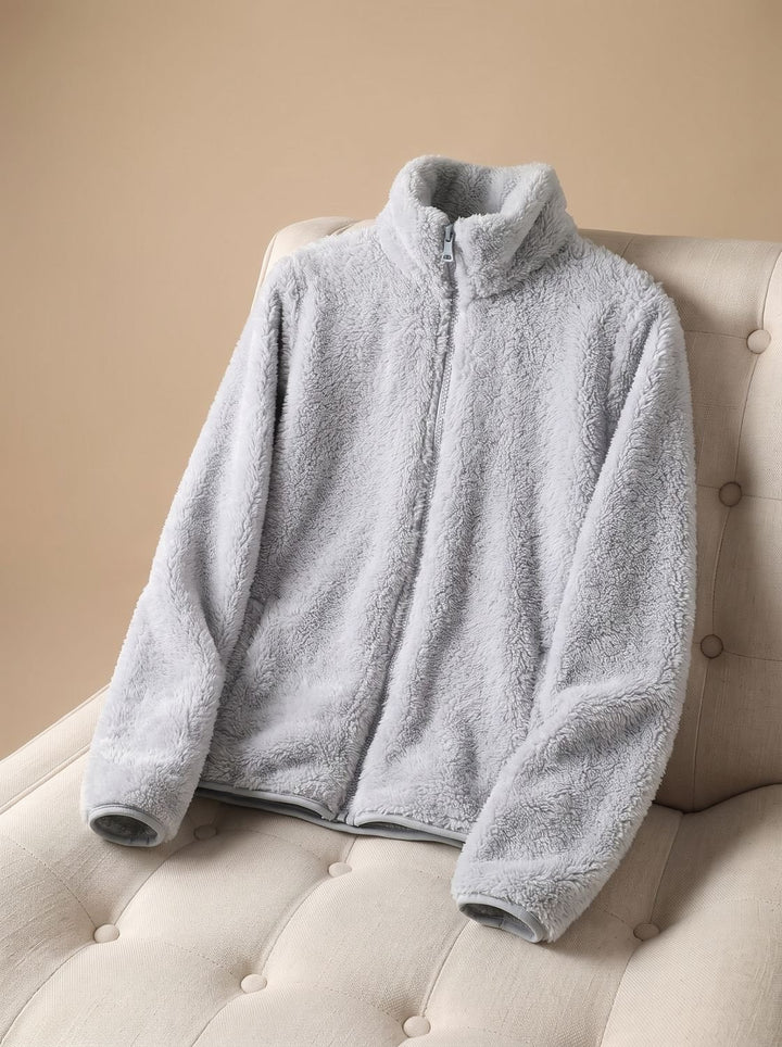 Damen Oversized Fleece-Jacke mit Stehkragen und Reißverschluss - Grau