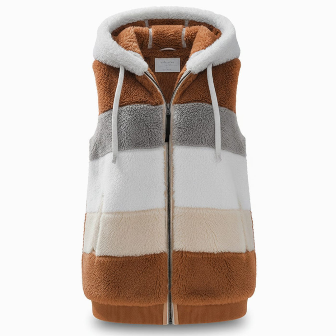 Damen Oversized Fleece-Weste mit Kapuze und Kordelzug - Orange-Braun
