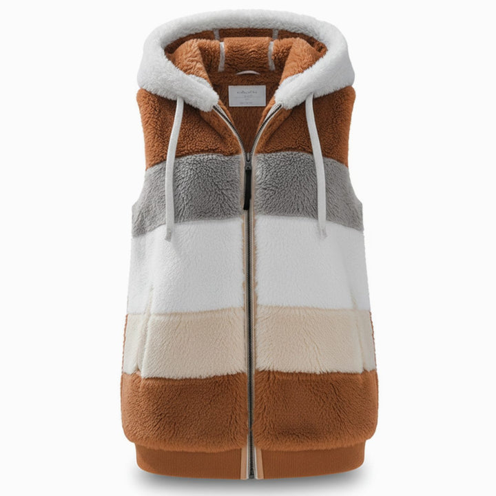 Damen Oversized Fleece-Weste mit Kapuze und Kordelzug - Orange-Braun