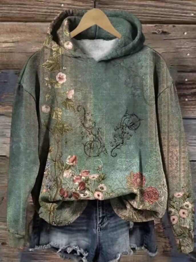 Damen Oversized Floral Knit Sweater Hoodie mit Kapuze