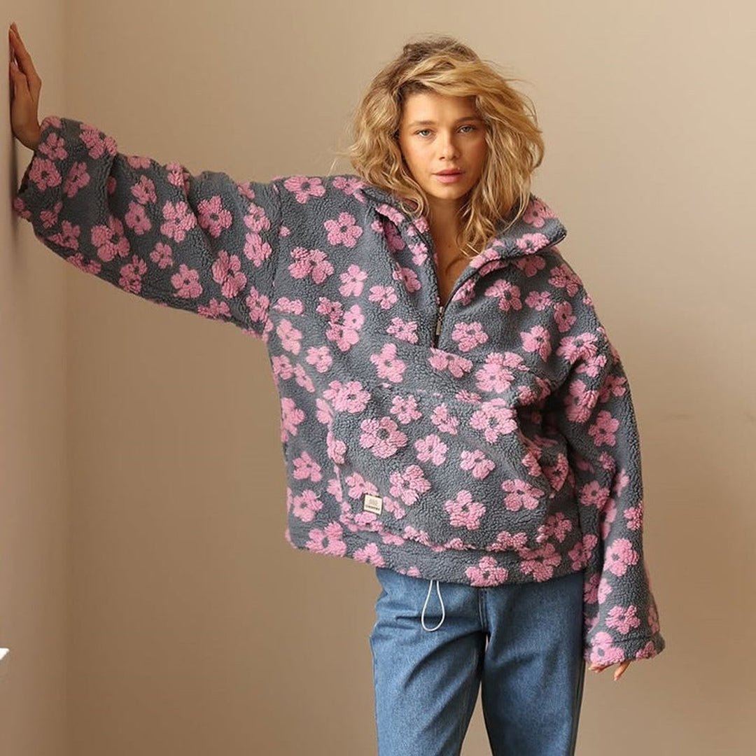 Damen Oversized Floral Sherpa Fleece Pullover Sweater