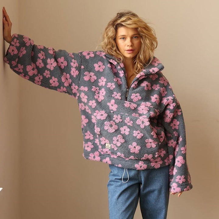 Damen Oversized Floral Sherpa Fleece Pullover Sweater