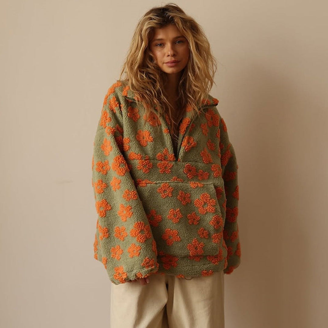 Damen Oversized Floral Sherpa Fleece Pullover Sweater