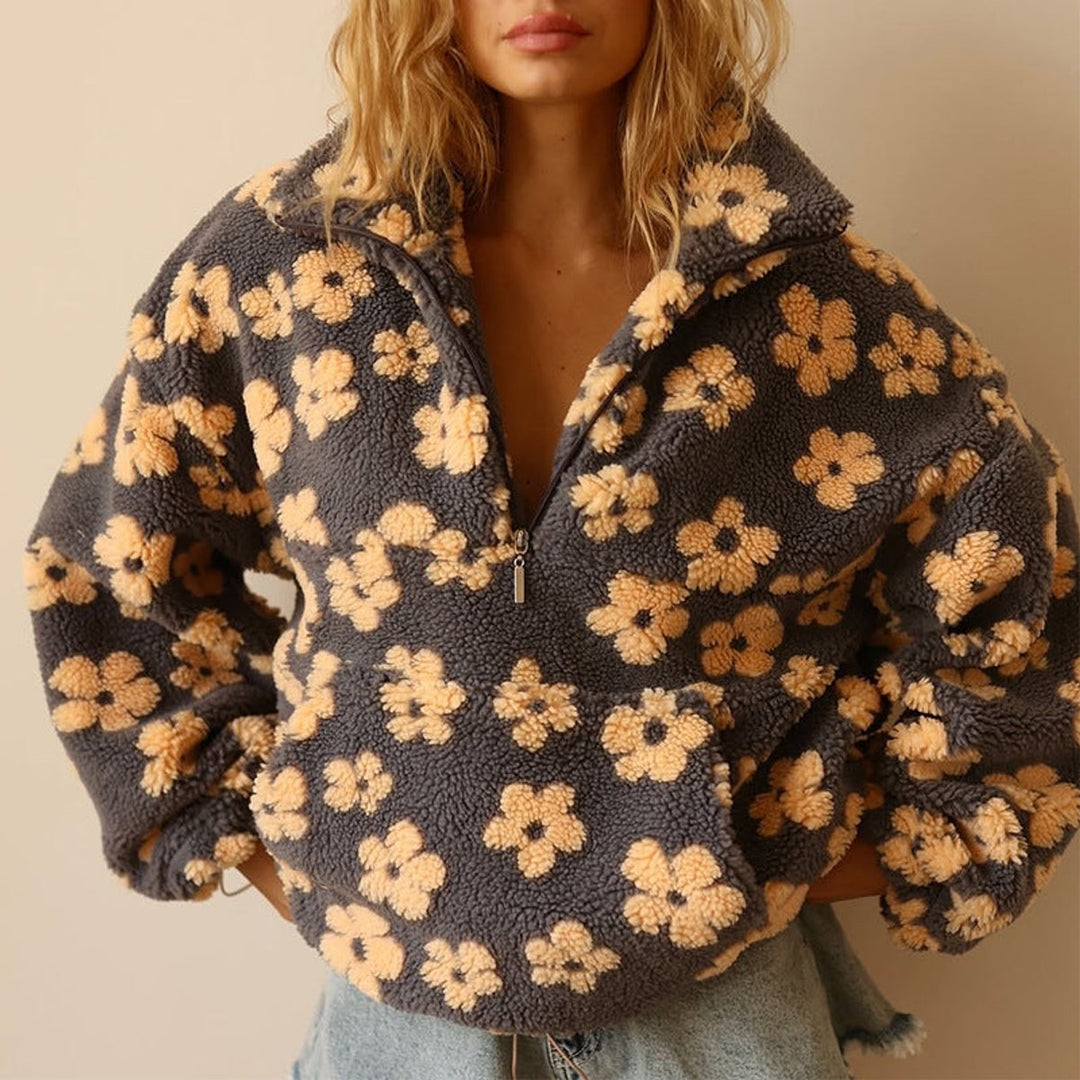 Damen Oversized Floral Sherpa Fleece Pullover Sweater - Gelb