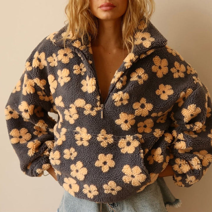Damen Oversized Floral Sherpa Fleece Pullover Sweater - Gelb