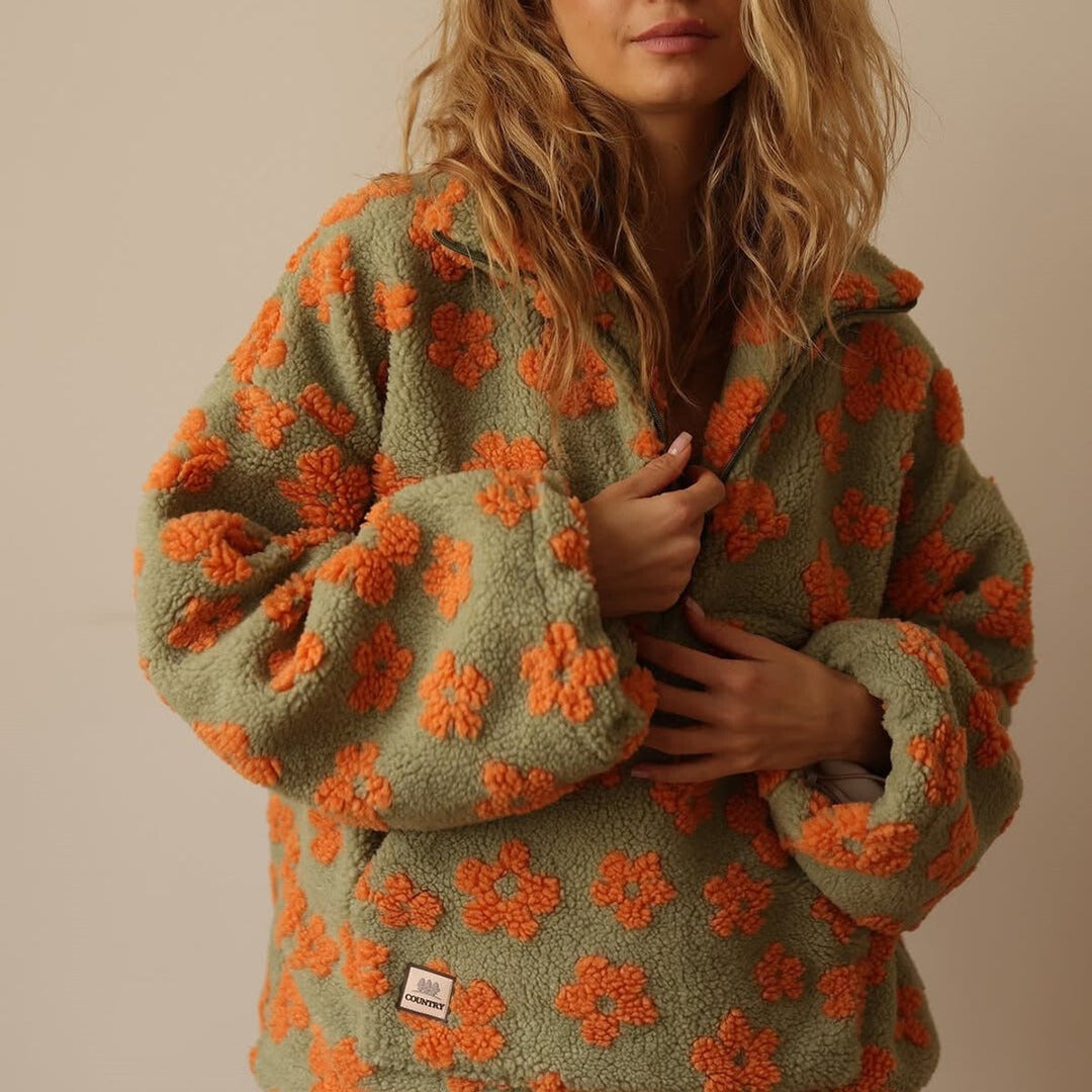 Damen Oversized Floral Sherpa Fleece Pullover Sweater - Orange