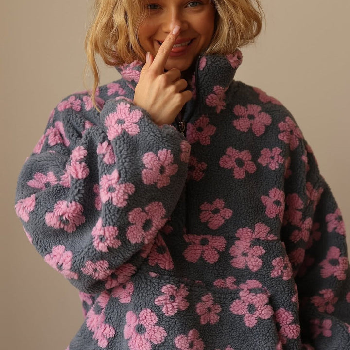 Damen Oversized Floral Sherpa Fleece Pullover Sweater - Rosa