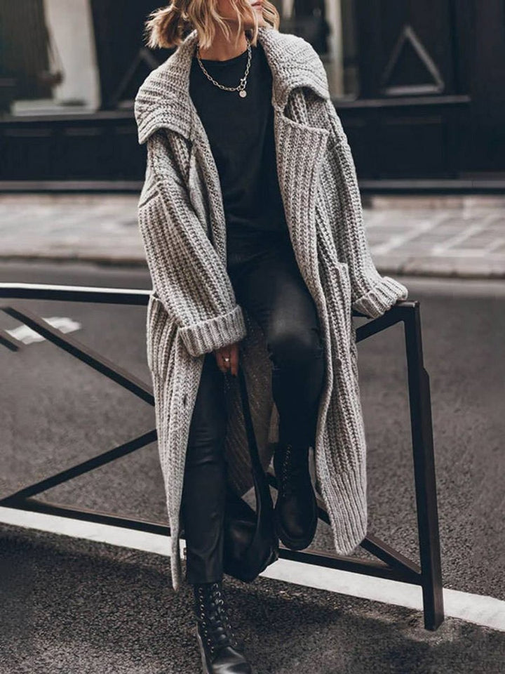 Damen Oversized Grobstrick-Cardigan mit Revers und Knöpfen - Grey