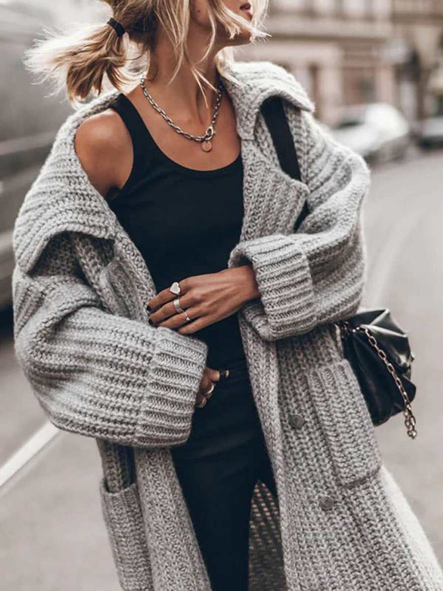 Damen Oversized Grobstrick-Cardigan mit Revers und Knöpfen