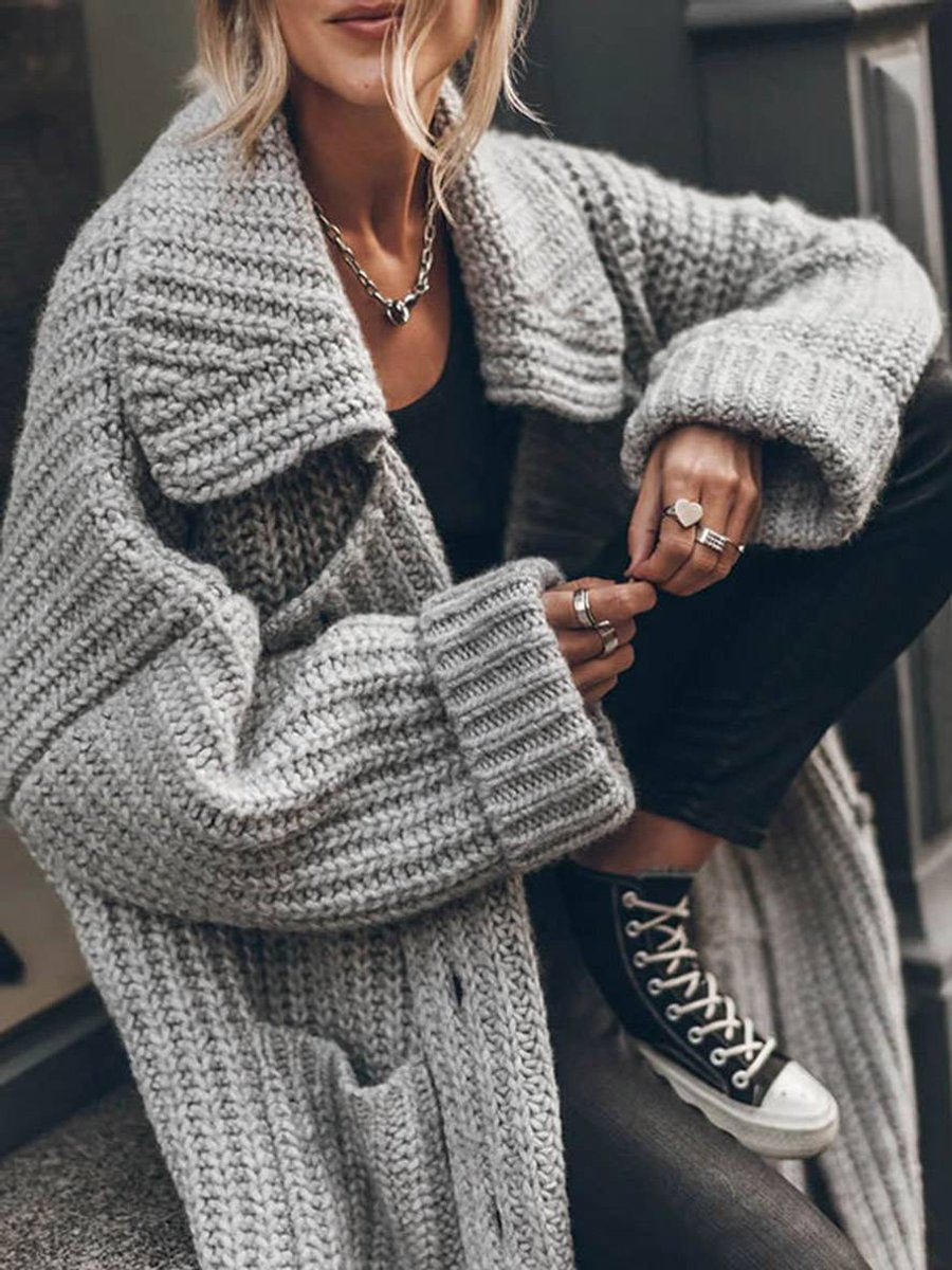 Damen Oversized Grobstrick-Cardigan mit Revers und Knöpfen