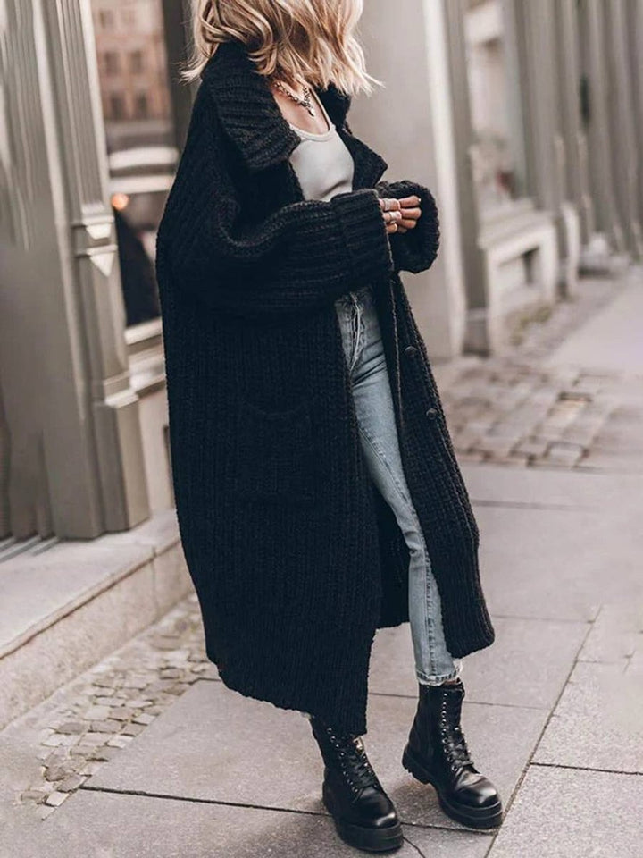 Damen Oversized Grobstrick-Cardigan mit Revers und Knöpfen - Black