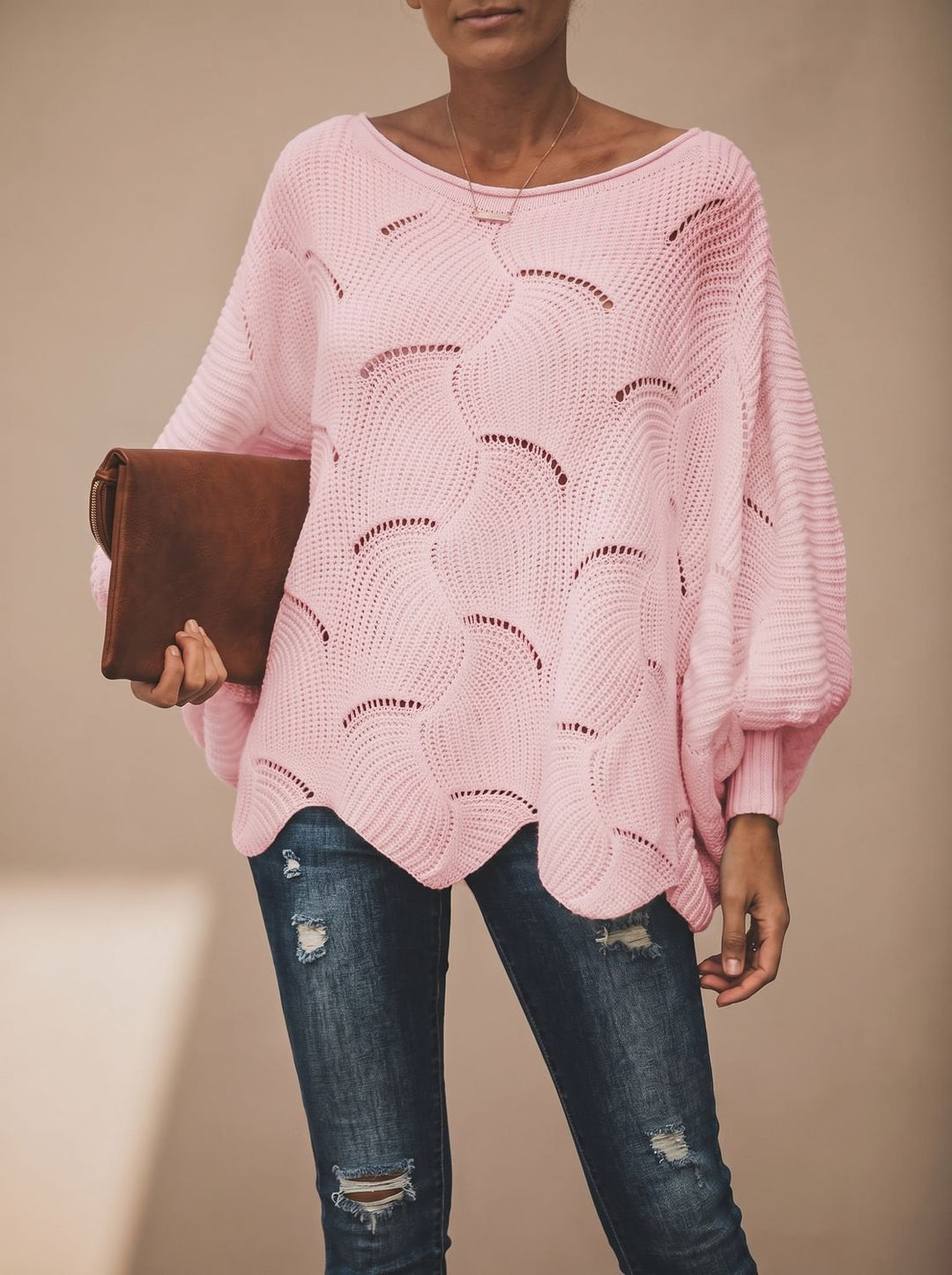 Damen Oversized Hollow-Out Strickpullover mit Rundhalsausschnitt - Rosa