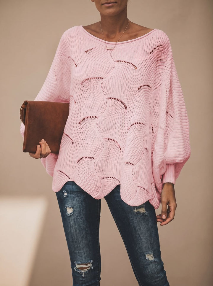Damen Oversized Hollow-Out Strickpullover mit Rundhalsausschnitt - Rosa