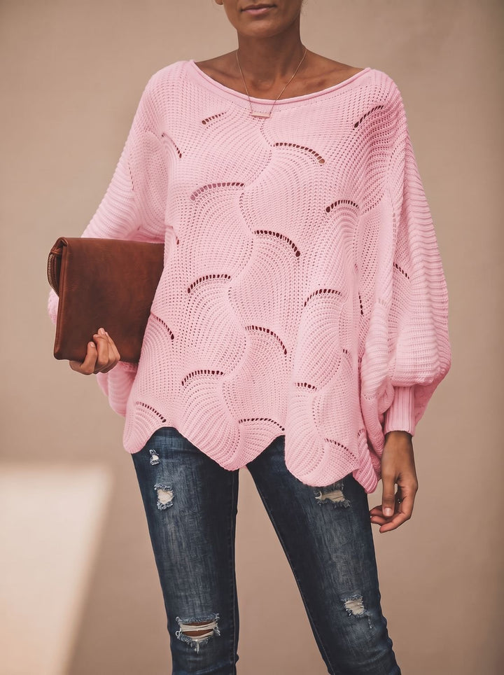 Damen Oversized Hollow-Out Strickpullover mit Rundhalsausschnitt