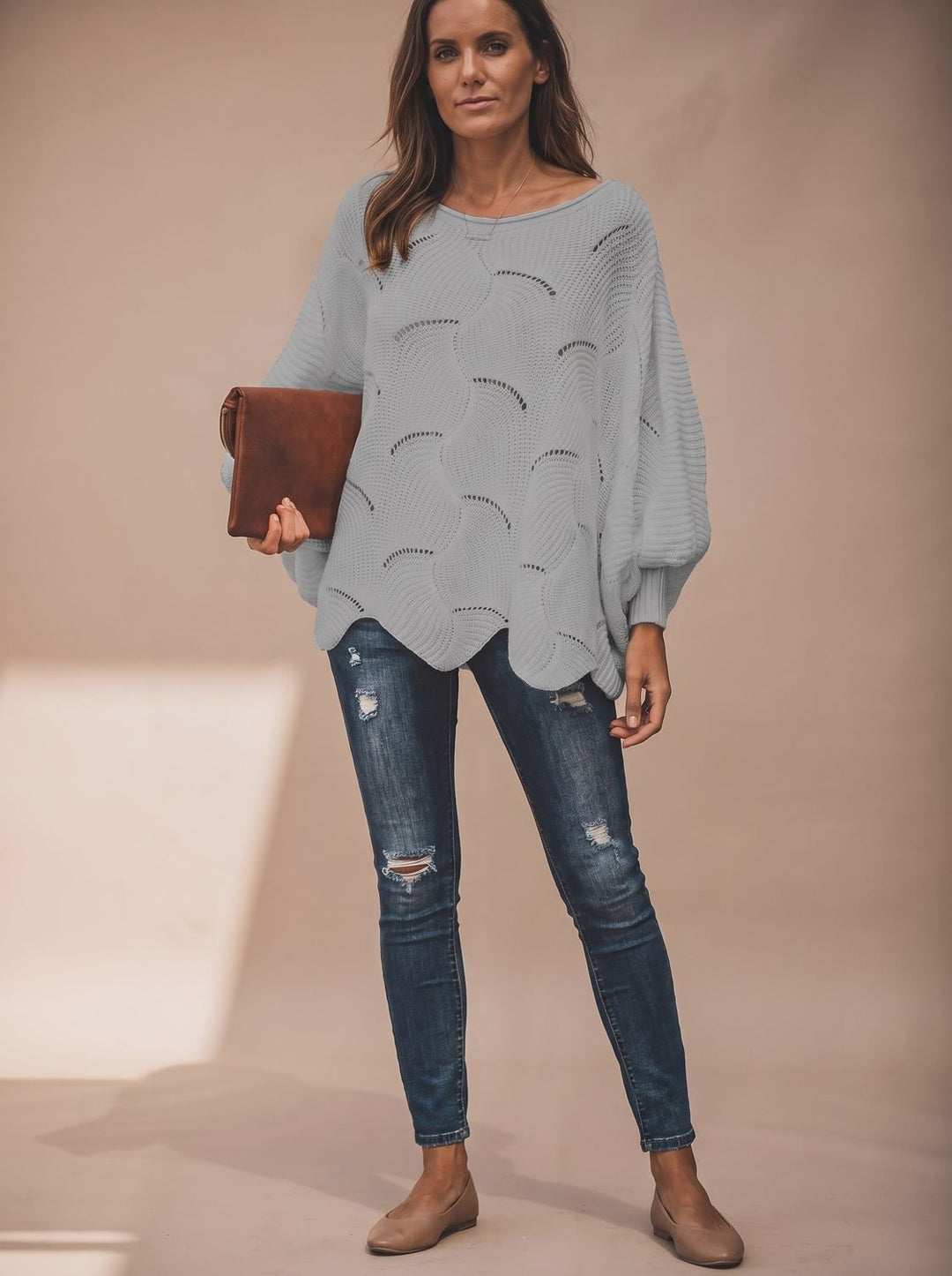 Damen Oversized Hollow-Out Strickpullover mit Rundhalsausschnitt
