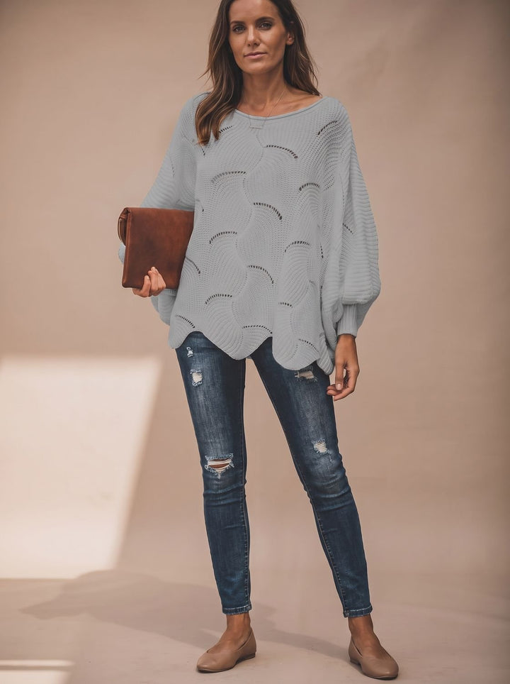 Damen Oversized Hollow-Out Strickpullover mit Rundhalsausschnitt