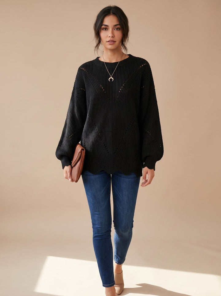 Damen Oversized Hollow-Out Strickpullover mit Rundhalsausschnitt