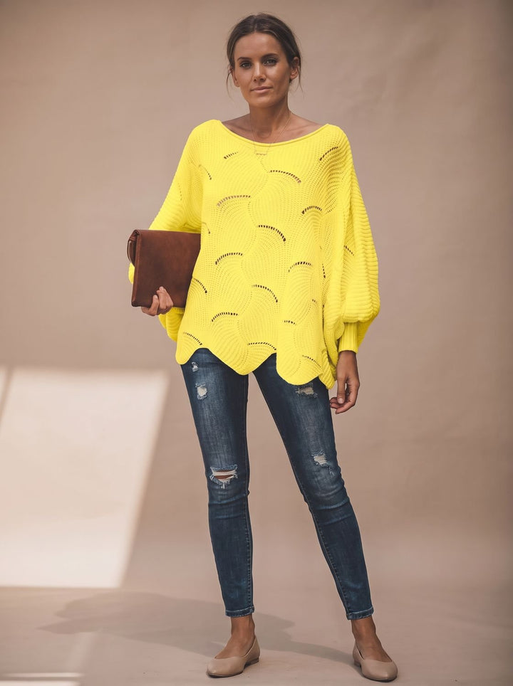 Damen Oversized Hollow-Out Strickpullover mit Rundhalsausschnitt