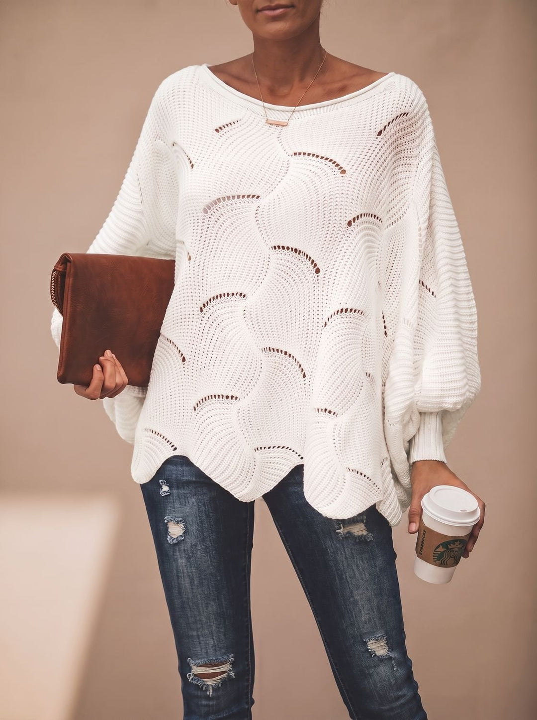 Damen Oversized Hollow-Out Strickpullover mit Rundhalsausschnitt