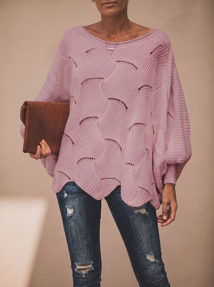 Damen Oversized Hollow-Out Strickpullover mit Rundhalsausschnitt