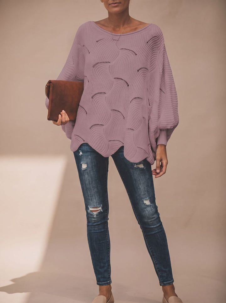 Damen Oversized Hollow-Out Strickpullover mit Rundhalsausschnitt - Lila