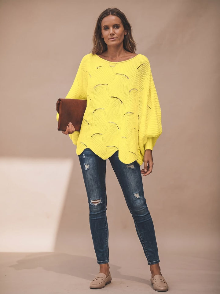 Damen Oversized Hollow-Out Strickpullover mit Rundhalsausschnitt - Gelb
